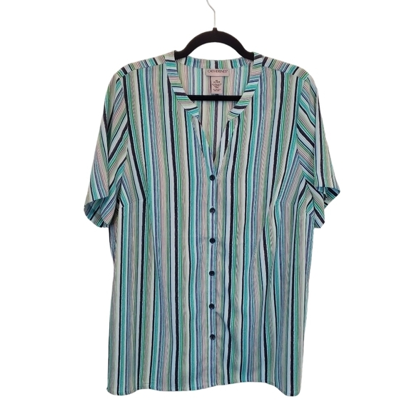Catherines 0X Stretchy Stripe Button Down Short Sleeve Summer Blouse - Picture 1 of 9